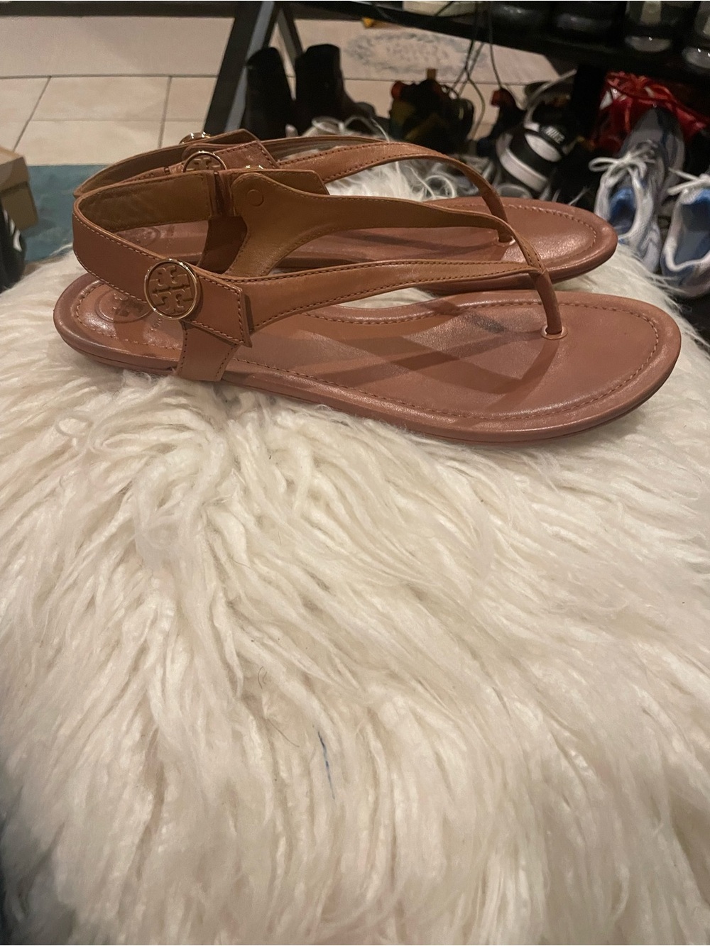 Tory Burch Tan Leather Logo Thong Sandals
